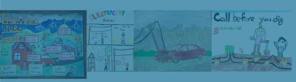 A collection of safety contest entries drawn by students in grades kindergarten to six.