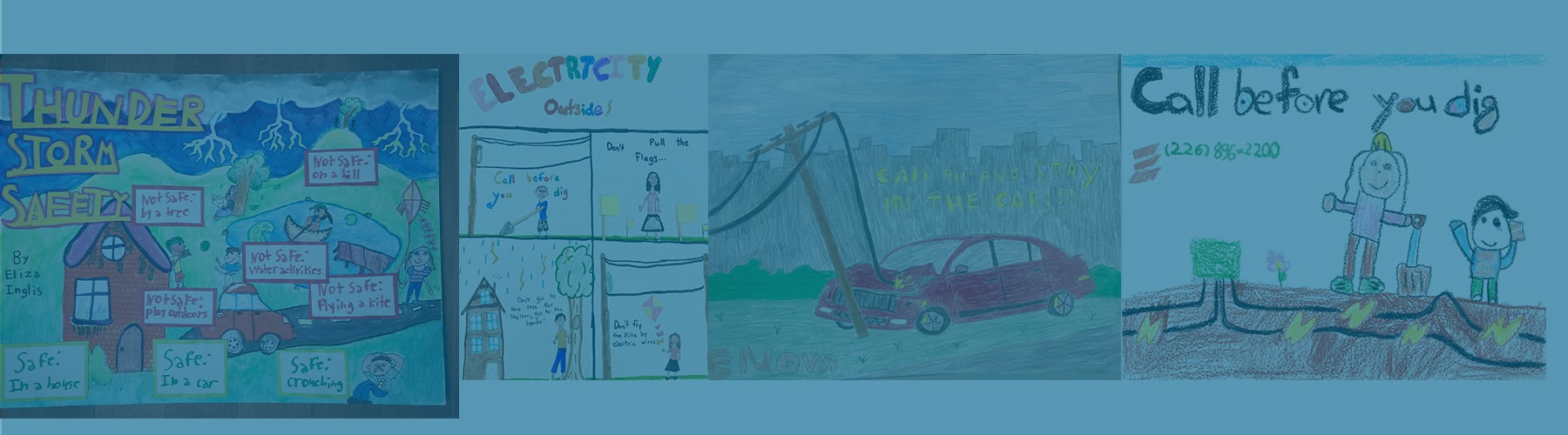 A collection of safety contest entries drawn by students in grades kindergarten to six.